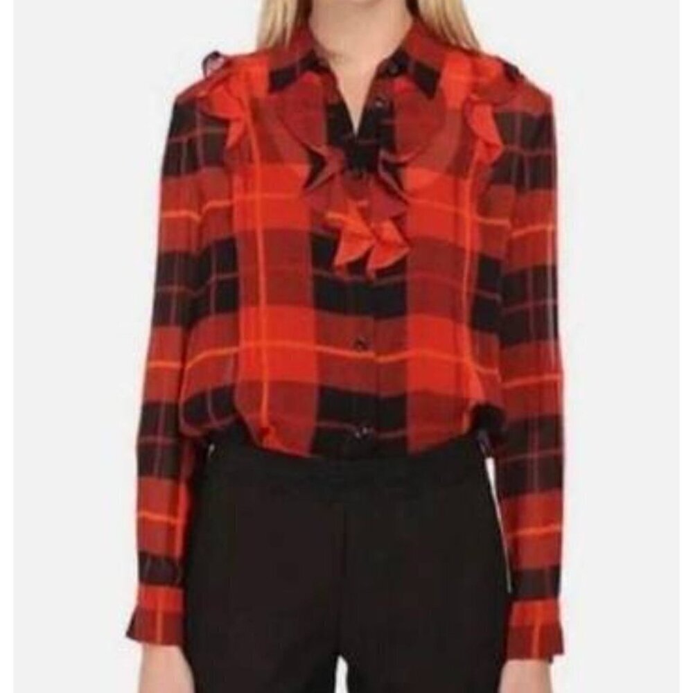 Kate Spade size 2 Red Semi Sheer Ruffle Woodland Plaid Chiffon shirt blouse Silk
